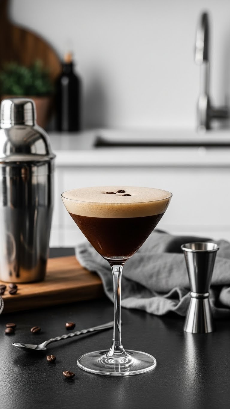 Whipped Coffee Cocktail Recipe With Proven Fluffy Texture 11 Elegant whipped coffee martini in chilled martini glass with three coffee beans on sleek granite countertop