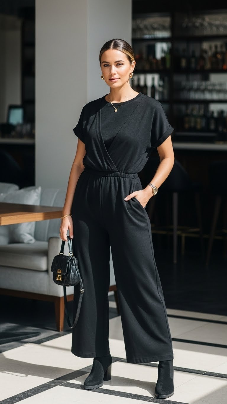 Elegant woman in sophisticated black jumpsuit concert outfit with wide-leg silhouette, gold accessories, and block-heel boots in chic lounge.