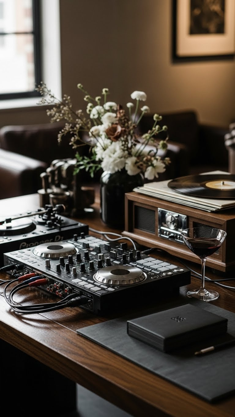 Elegantly styled DJ setup with professional equipment and dark cocktail glass on wooden surface