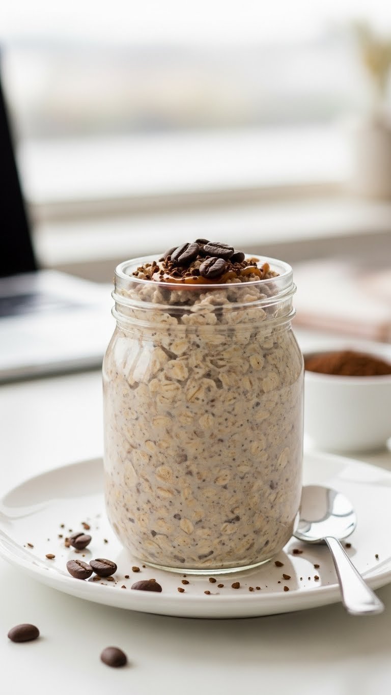 Energizing High-Caffeine Instant Protein Coffee Overnight Oats topped with espresso beans & caramel. Creamy, sunny office.