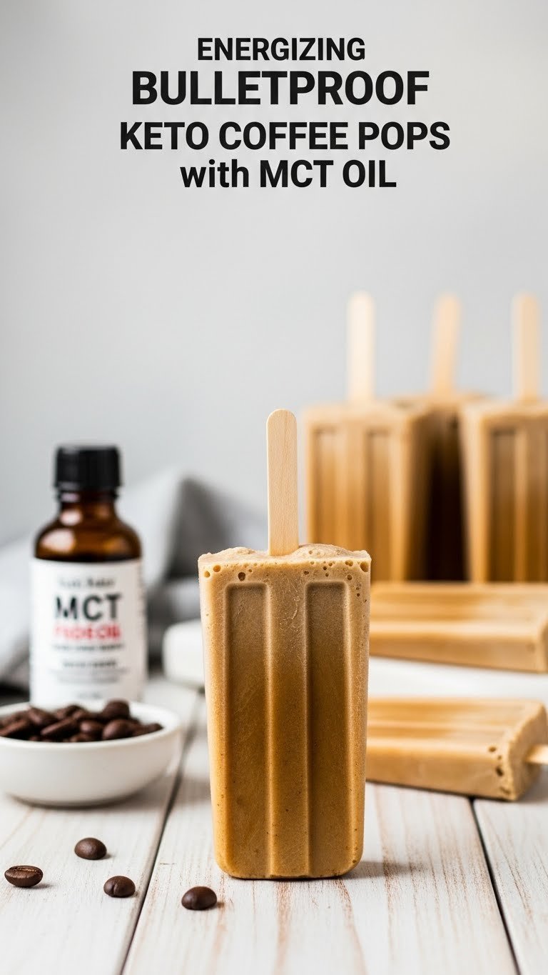 Energizing bulletproof keto coffee pops with MCT oil featuring rich texture against light wood surface