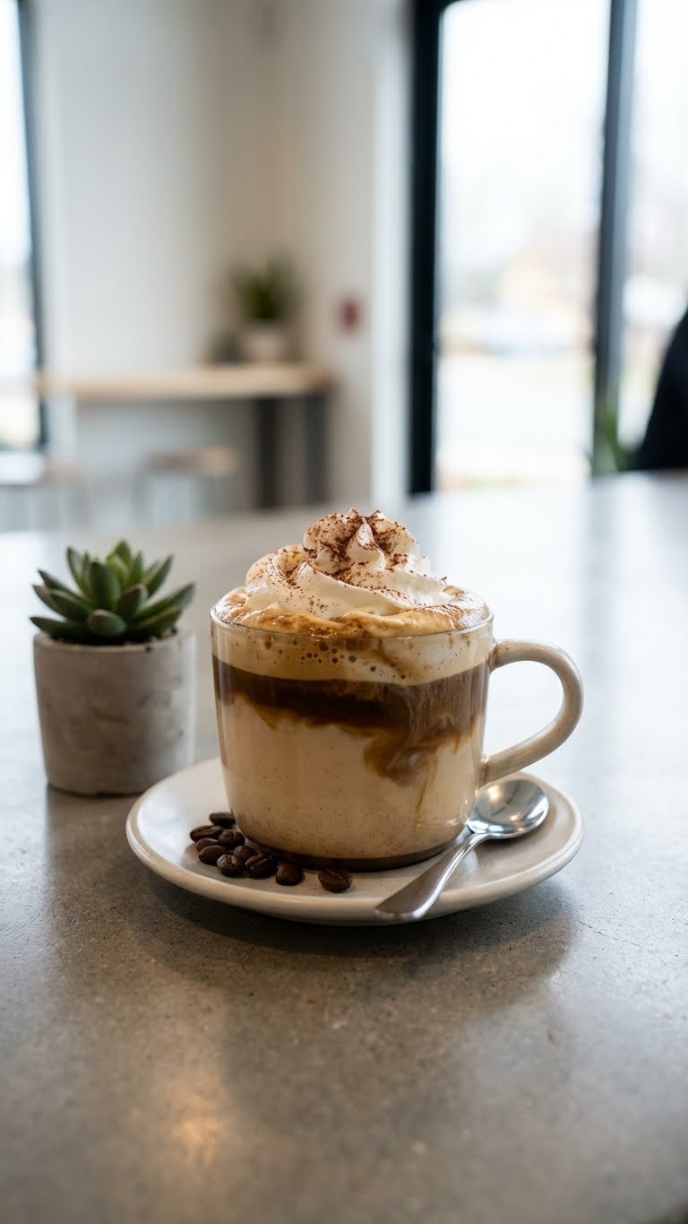 Energizing dirty chai latte with espresso, whipped cream, and cocoa in a mug on a polished concrete counter at a modern cafe.