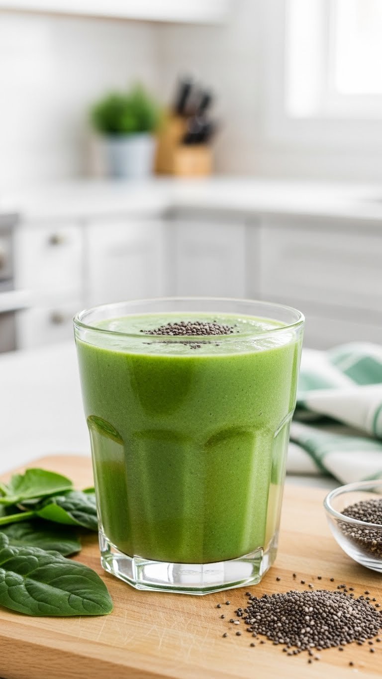 7 Best Orgain Protein Coffee Recipes To Boost Your Day 8 Energizing green coffee smoothie in a glass on a light wood cutting board