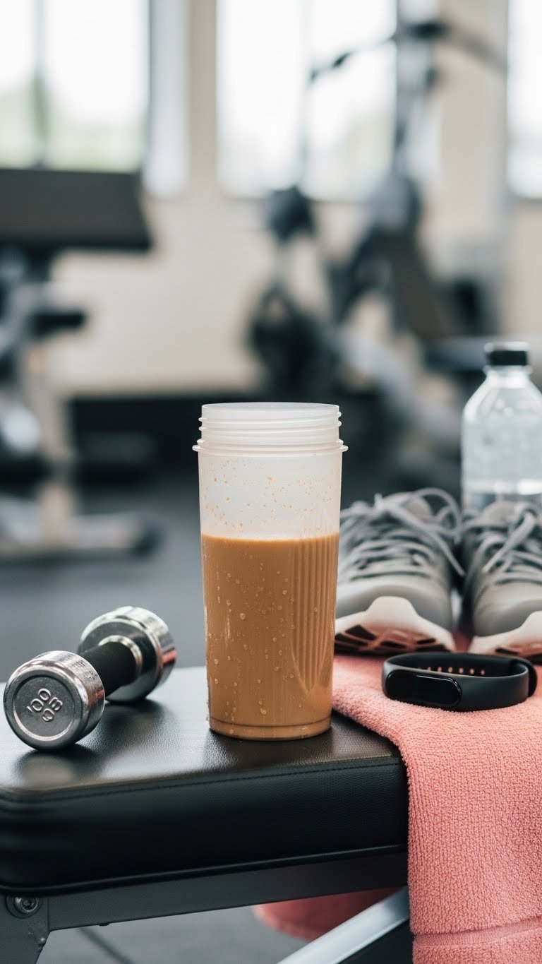 Protein Coffee Shake: 7 Easy Recipes for Energy & Health 13 Energizing post-workout protein coffee shake in a sports shaker bottle on a gym bench with blurred fitness equipment.