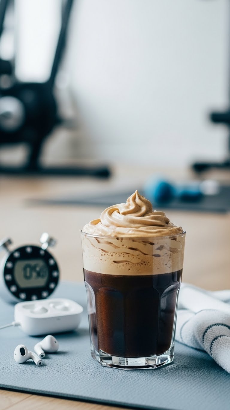 Energizing pre-workout protein whipped coffee with frothy foam over dark coffee, on a fitness mat with gym equipment.
