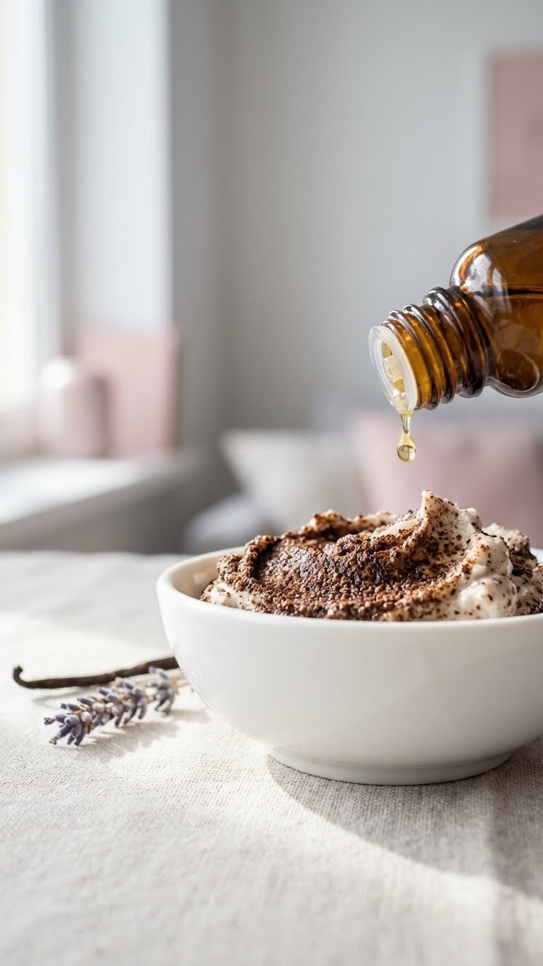 Whipped Coffee Body Scrub Complete Beginner Recipe Guide 9 Essential oil drop falling into finished whipped coffee scrub in white ceramic bowl