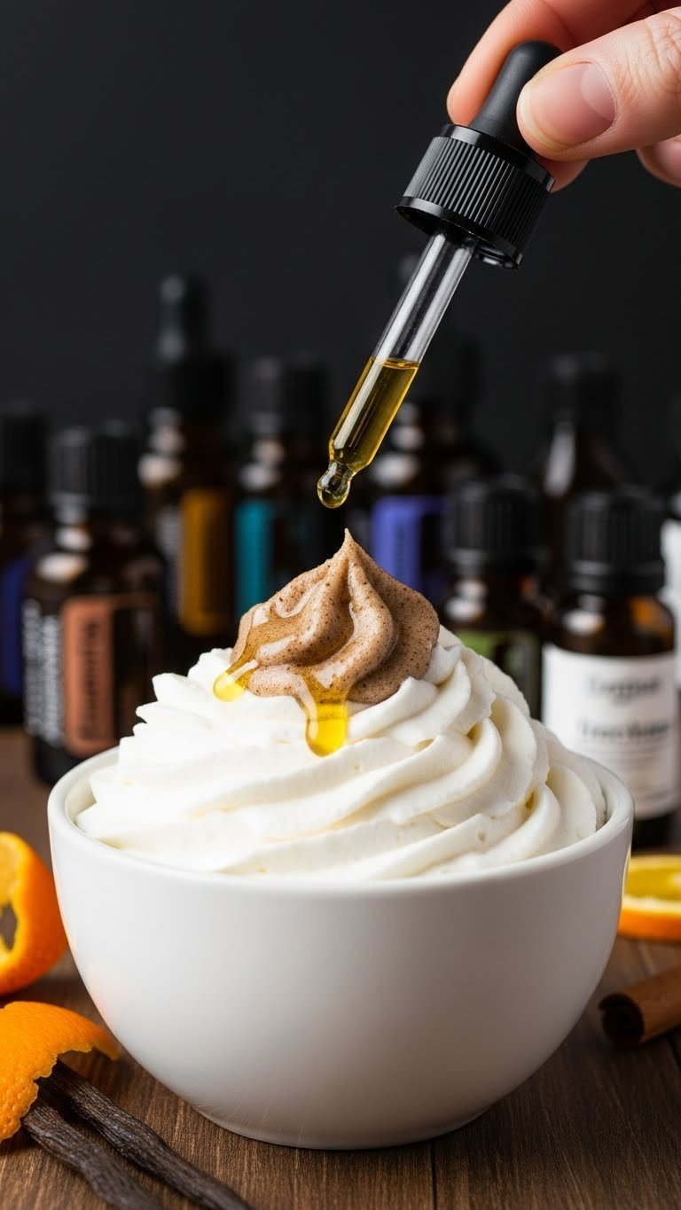 Whipped Coffee Sugar Scrub Recipe for Fluffy Luxurious Skin 9 Essential oil droplet infusing whipped coffee scrub in ceramic bowl with amber dropper bottle on dark wood surface.