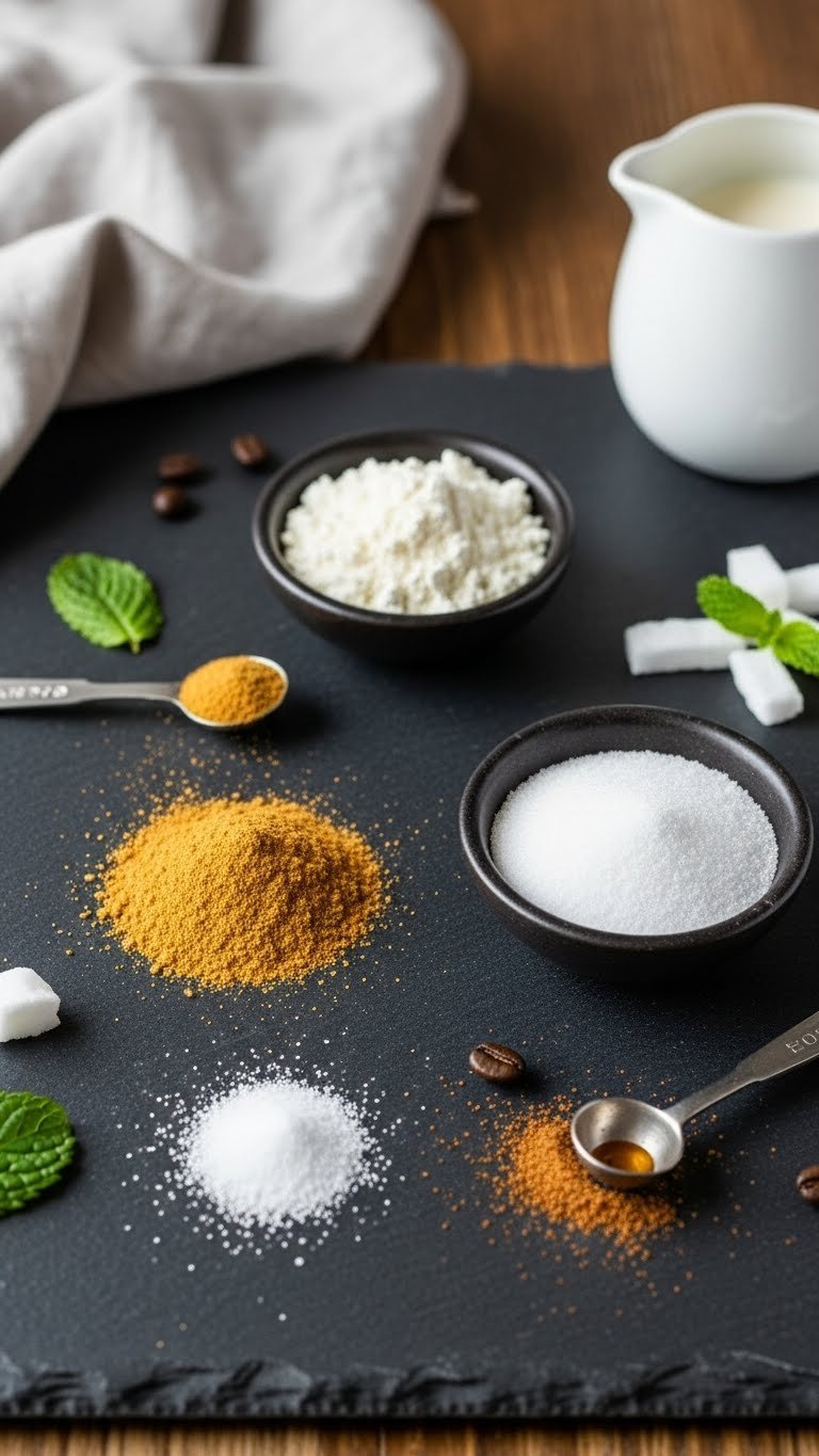 Essential powdered ingredients for vegan keto coffee creamer displayed on slate grey stone surface