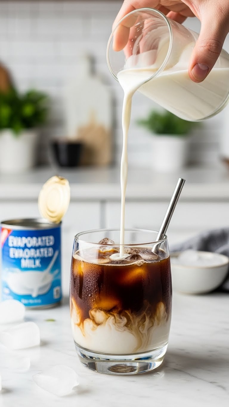 Evaporated milk being poured over dark Thai iced coffee with ice cubes creating distinct creamy layer