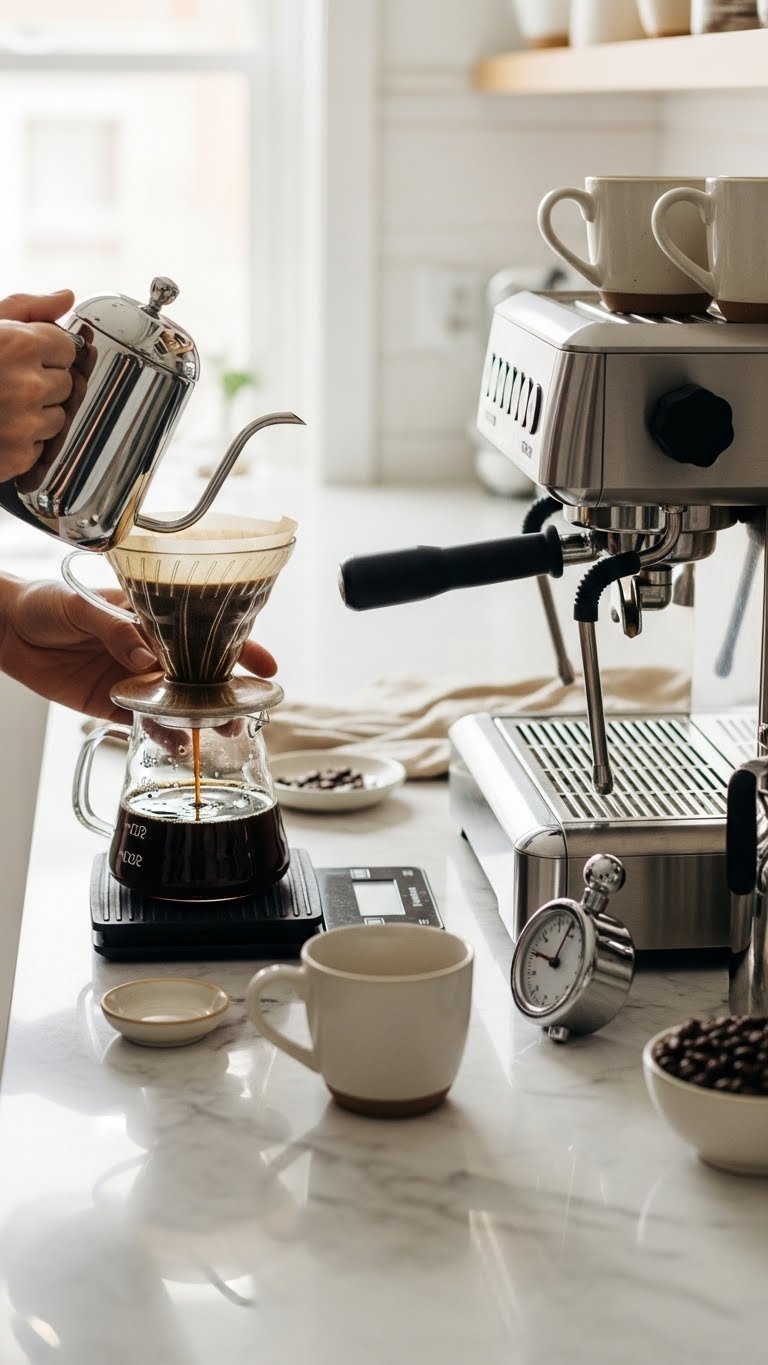 Expert home coffee brewing process showing hands preparing pour-over black coffee and americano with professional equipment