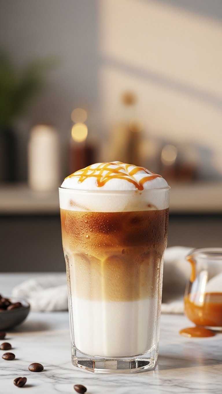 Exquisite layered iced caramel macchiato in clear glass with milk, coffee, and golden caramel drizzle on marble countertop.