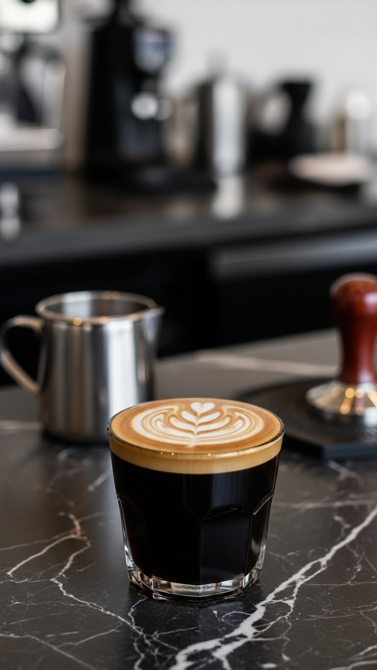 Black Coffee Latte: Master Recipes, Health & Comparison 13 Exquisitely crafted long black coffee with intricate latte art floating on crema layer showcasing barista skill