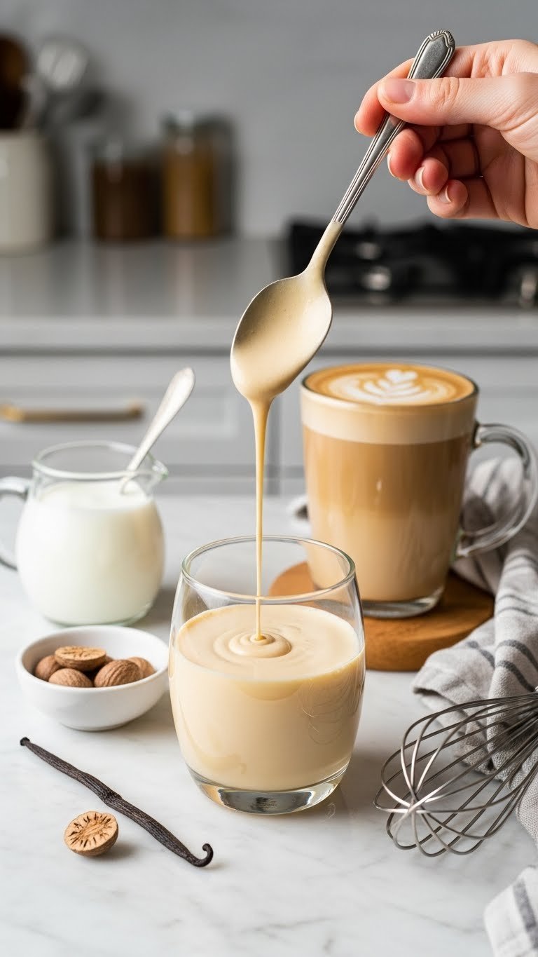 Extra creamy eggnog coffee syrup drizzling from spoon into glass with heavy cream and vanilla bean on marble counter