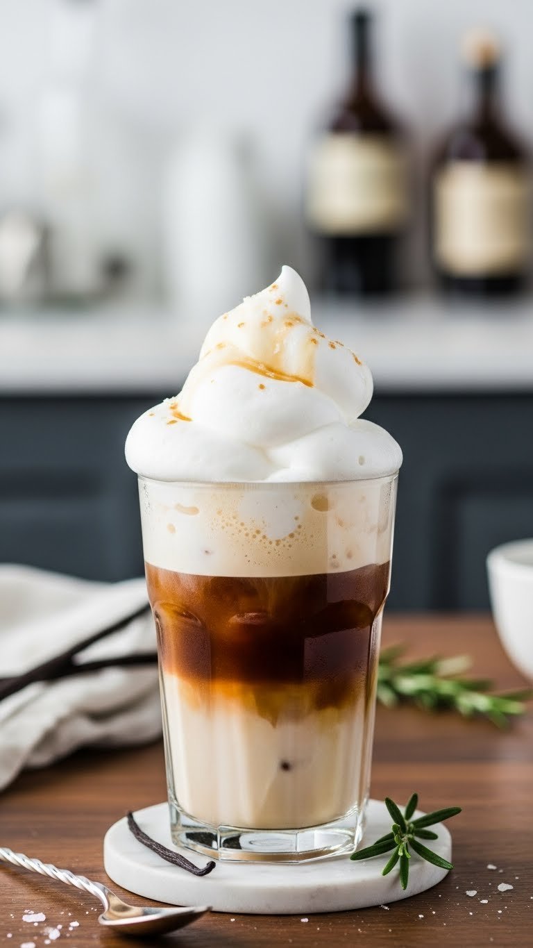 Extra frothy vanilla cold foam topping salted caramel iced coffee in tall glass on polished wooden surface
