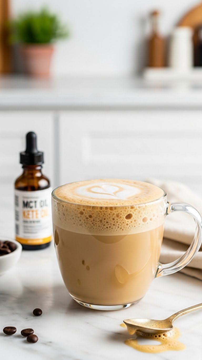 Extremely frothy MCT oil keto coffee in glass mug with thick foam layer and MCT oil dropper bottle in background