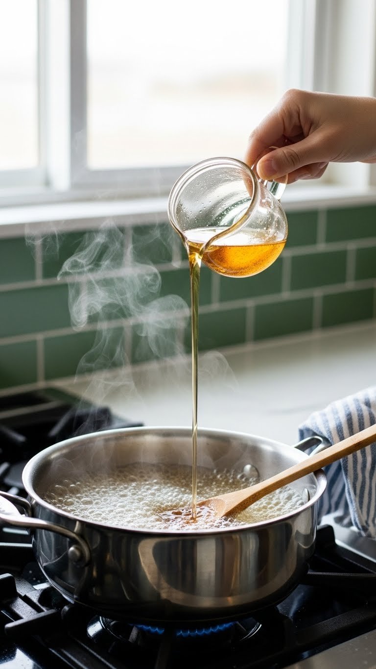 Eye-level close-up of clear simple syrup simmering in stainless steel saucepan on stovetop with steam rising gently