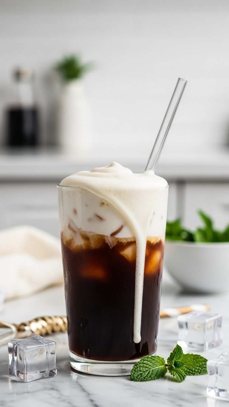Protein Coffee Cold Foam: 7 Easy Homemade Recipes 1 Eye-level close-up of creamy vanilla protein cold foam atop dark cold brew in a tall glass with ice, straw, mint on marble.