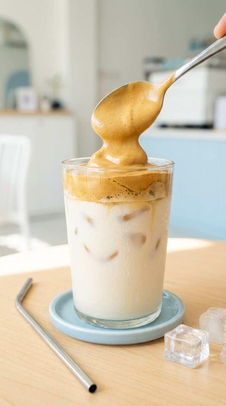 Essential Whipped Honey Coffee: Thick & Fluffy Foam 9 Eye-level close-up of iced whipped honey coffee latte with plant-based milk and golden foam being spooned into glass