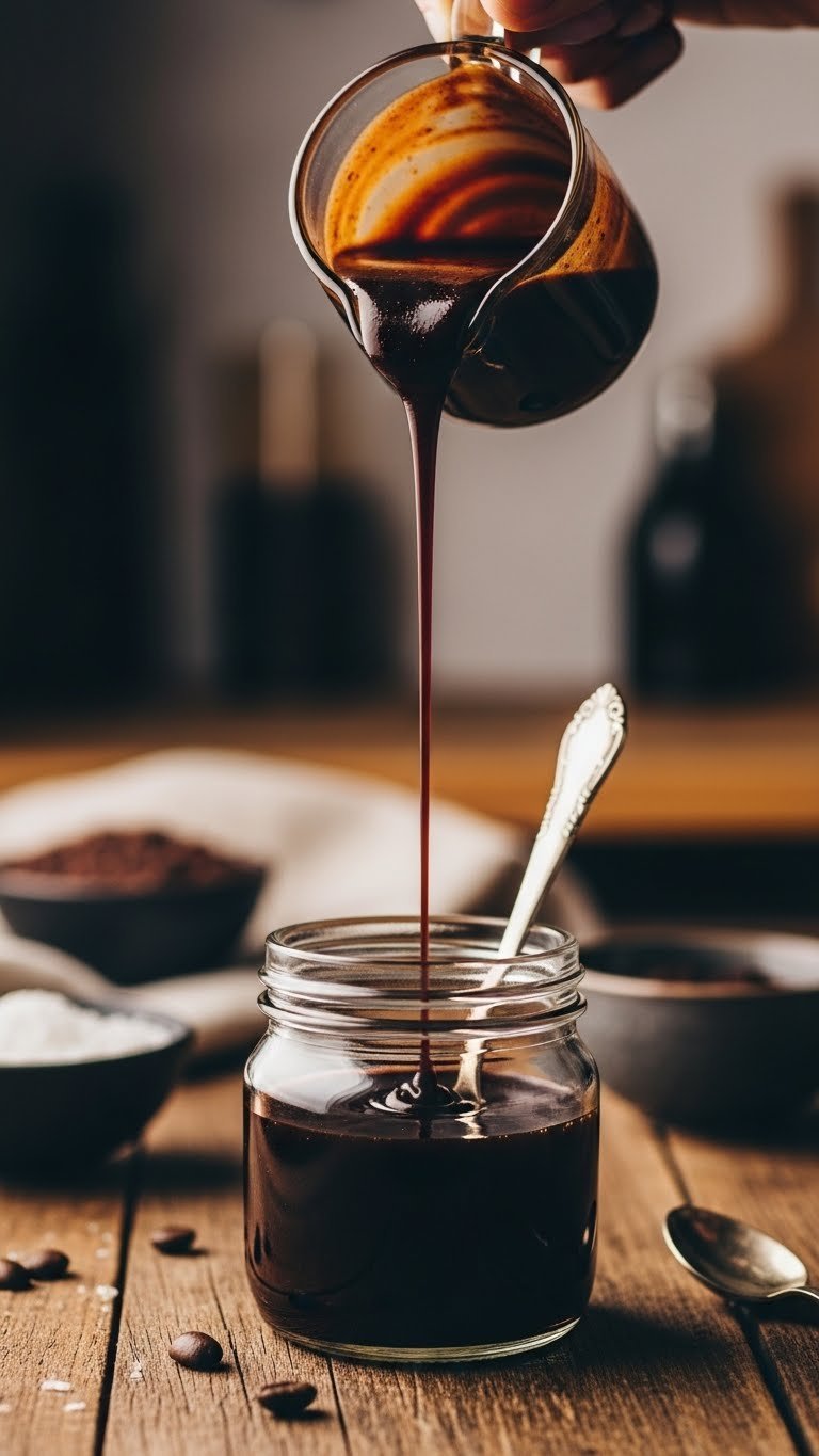 Eye-level close-up of rich glossy chocolate coffee syrup being poured from pitcher into glass jar showing perfect viscosity