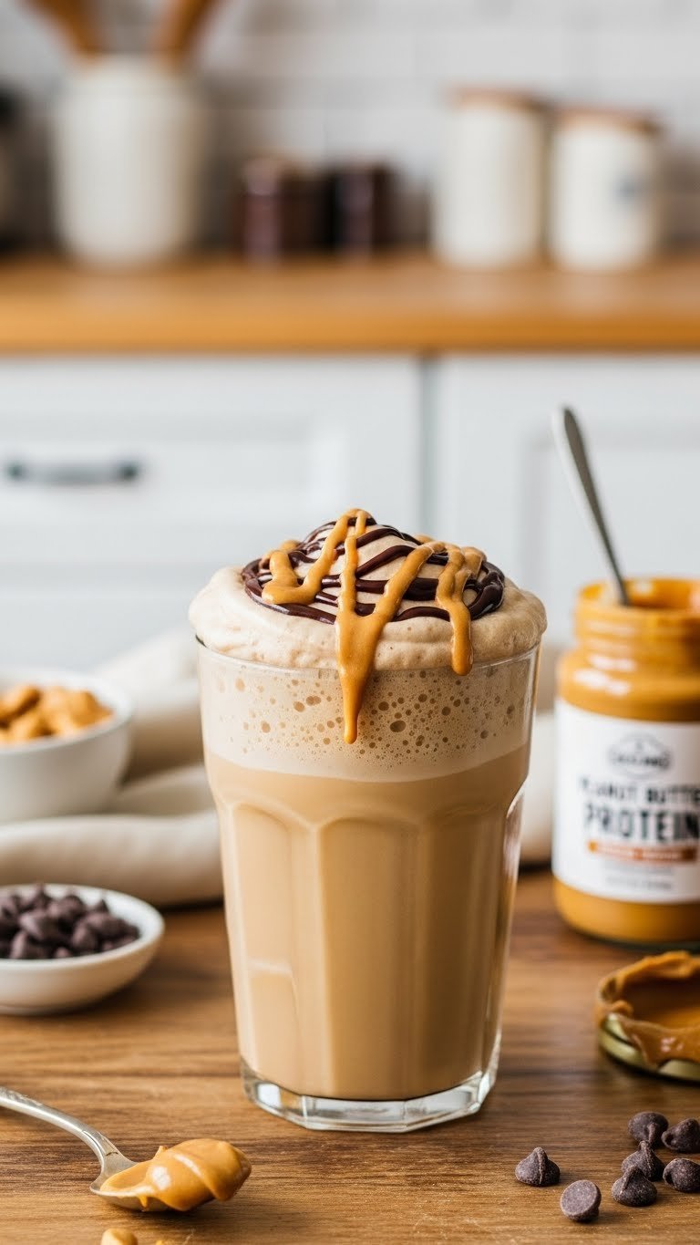 Protein Coffee Cold Foam: 7 Easy Homemade Recipes 7 Eye-level of creamy peanut butter cup protein cold foam coffee, drizzled with peanut butter & chocolate on rustic wood.