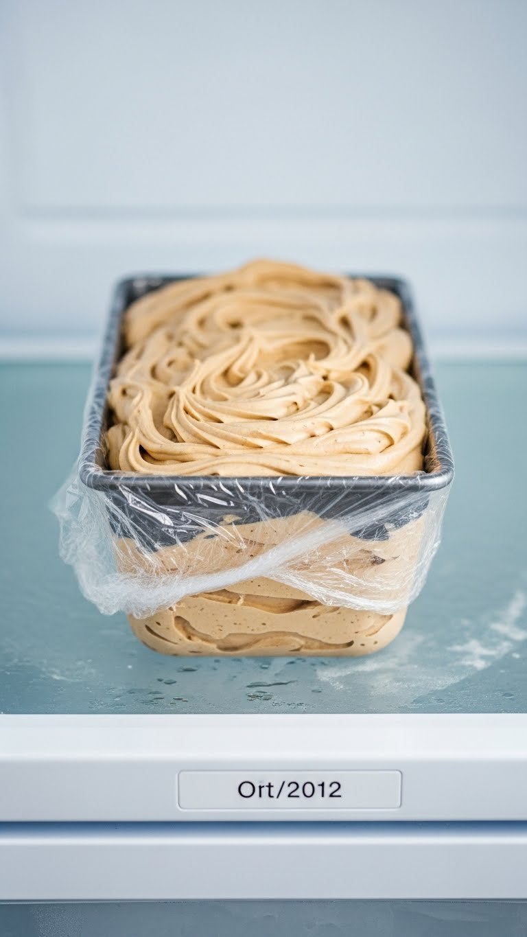 Eye-level view of swirled whipped coffee ice cream mixture in loaf pan ready for freezing on freezer shelf