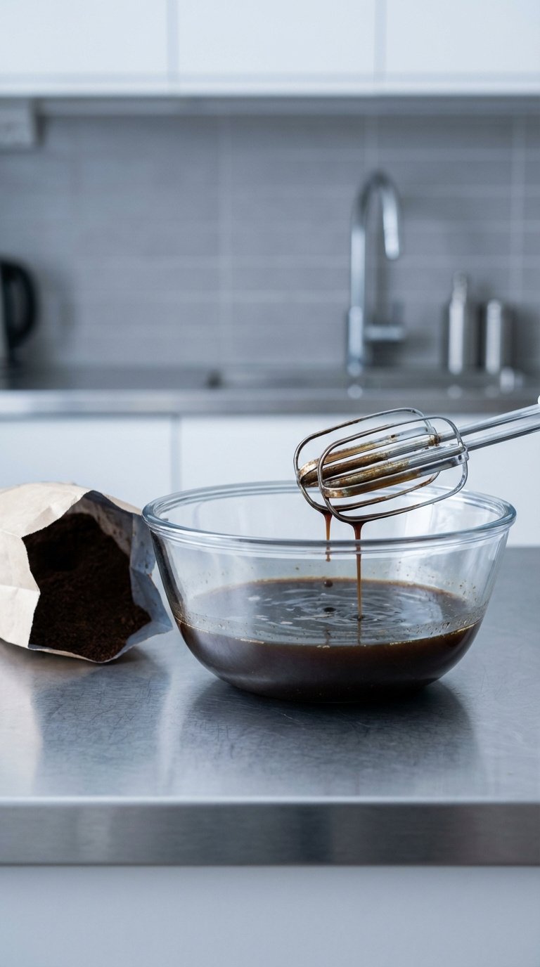 Keto Whipped Coffee Recipe: Perfect Fluffy Dalgona 11 Failed keto whipped coffee mixture that is thin and runny in glass bowl with electric mixer beaters dripping