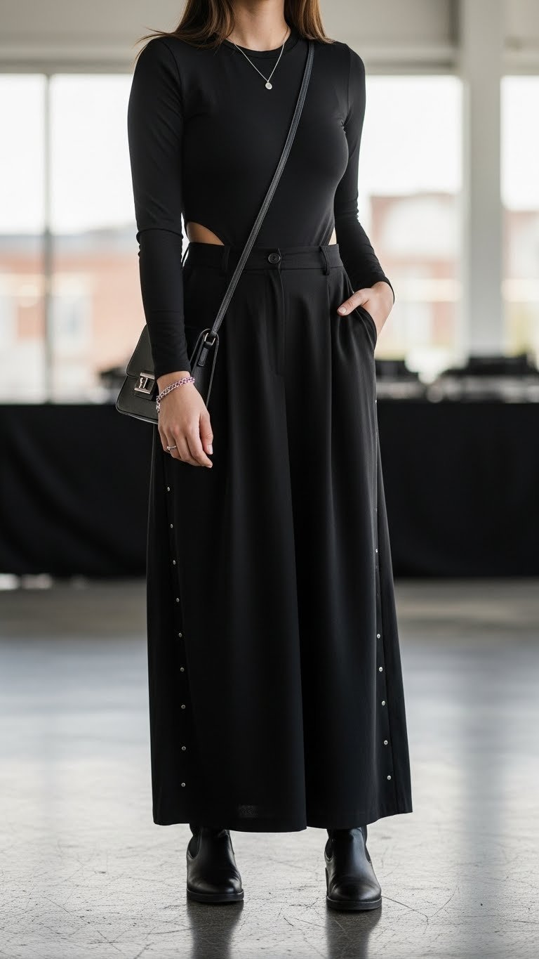 Fashion-forward woman wearing chic all-black concert outfit with layered bodysuit, high-waisted trousers, and sleek ankle boots on polished concrete floor.