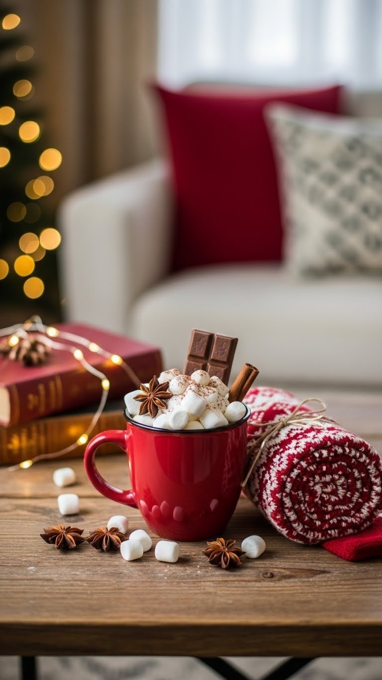 Festive Christmas mug overflowing with hot cocoa essentials like marshmallows and cinnamon stick on rustic wooden table