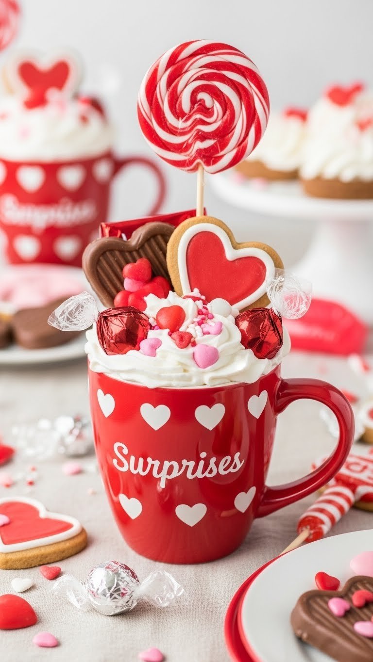 Festive Valentine's themed mug overflowing with gourmet chocolates, heart-shaped cookies, and colorful candies