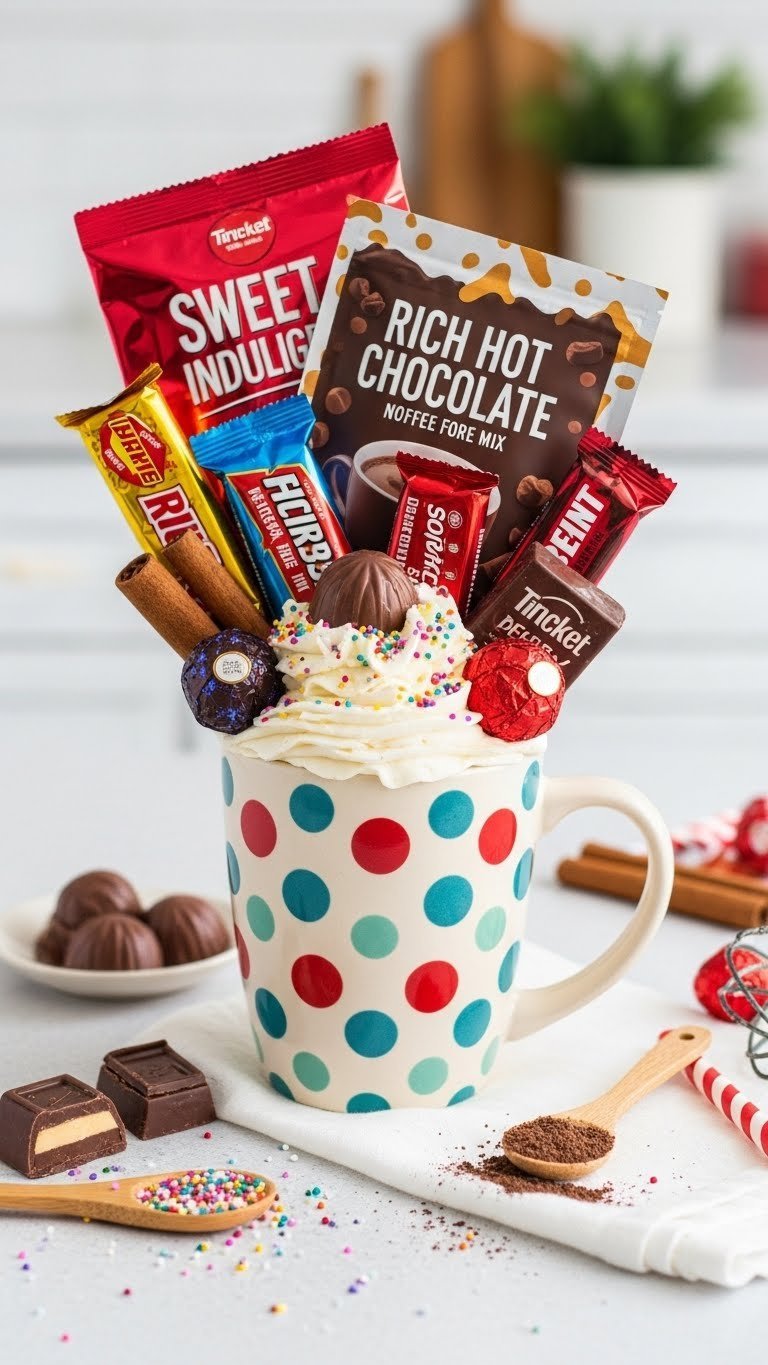 Festive coffee mug brimming with gourmet chocolate truffles, candy bars, and hot chocolate mix arranged on clean white tablecloth