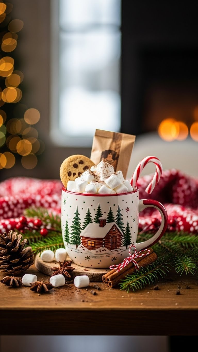 Festive holiday ceramic mug overflowing with hot cocoa mix, mini marshmallows, and candy cane stirrer on rustic wooden table