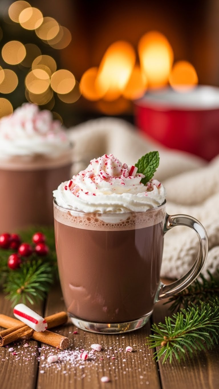 Festive peppermint keto mocha in ceramic mug with keto whipped cream and crushed candy on rustic wooden table.