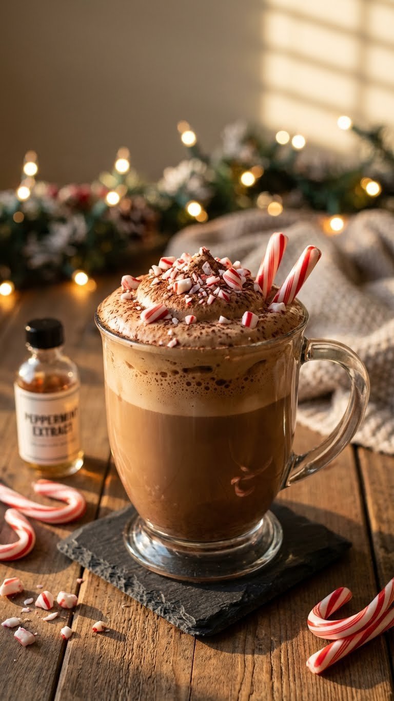 Festive peppermint mocha whipped coffee with crushed candy garnish on dark slate surface with twinkle lights