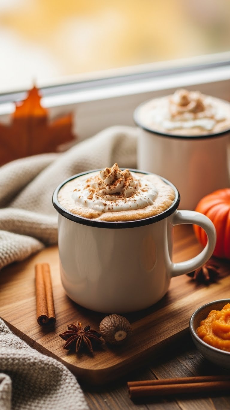 Protein Coffee Blended: Essential Guide for Smooth Energy 17 Festive spiced protein coffee with whipped cream & cinnamon in cozy mug on wood, autumn leaves.