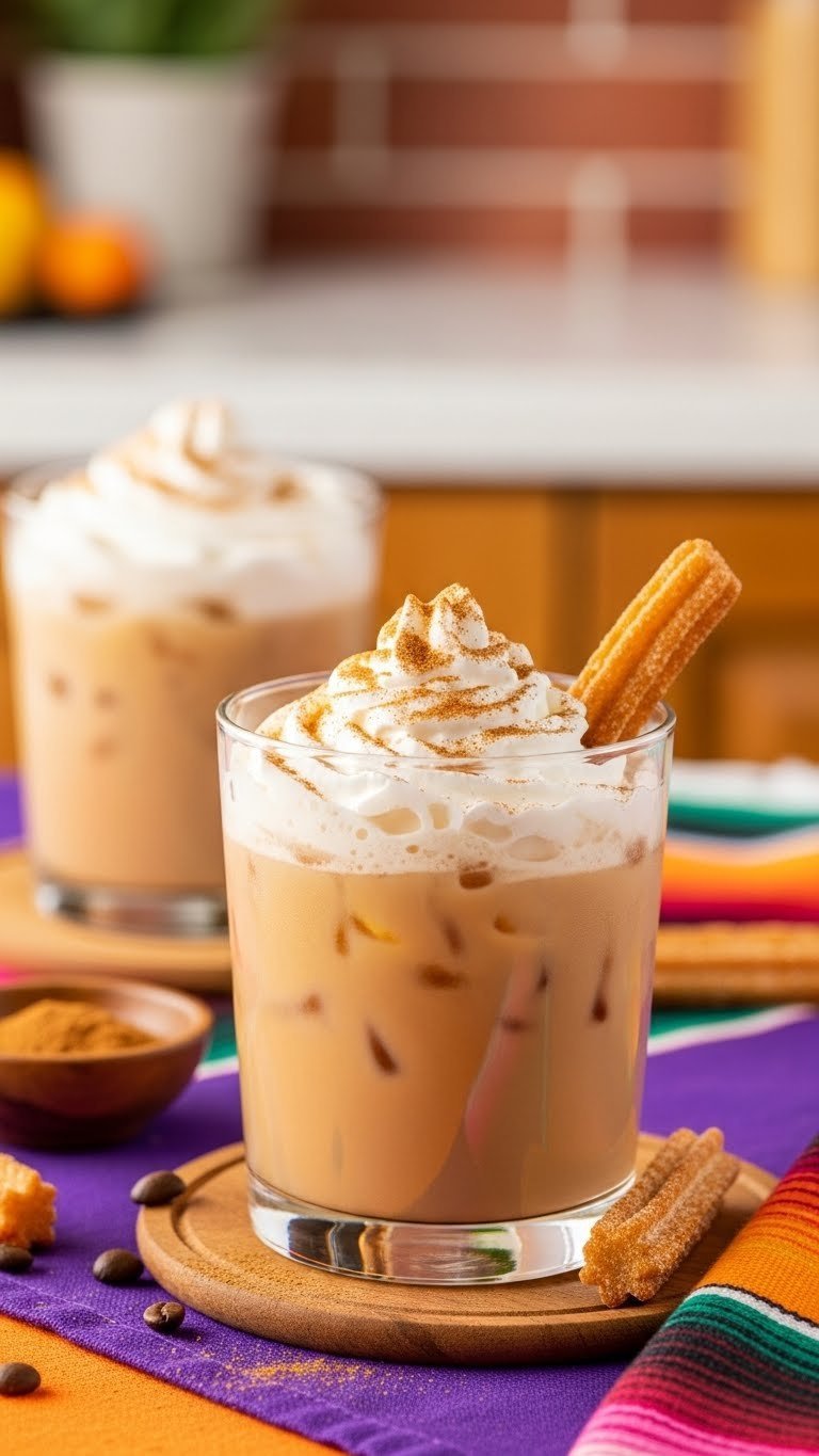 Festive sugar-free churro iced coffee with cinnamon-dusted whipped cream and churro stick on colorful tablecloth.