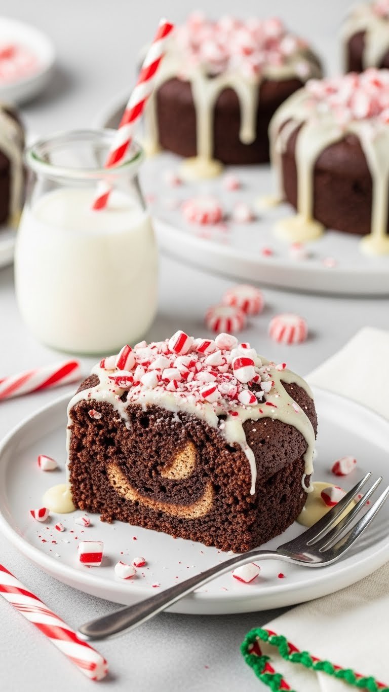 Festive white chocolate peppermint protein mug cake, chocolate swirl, crushed peppermint, white glaze. Bright, vibrant dessert.