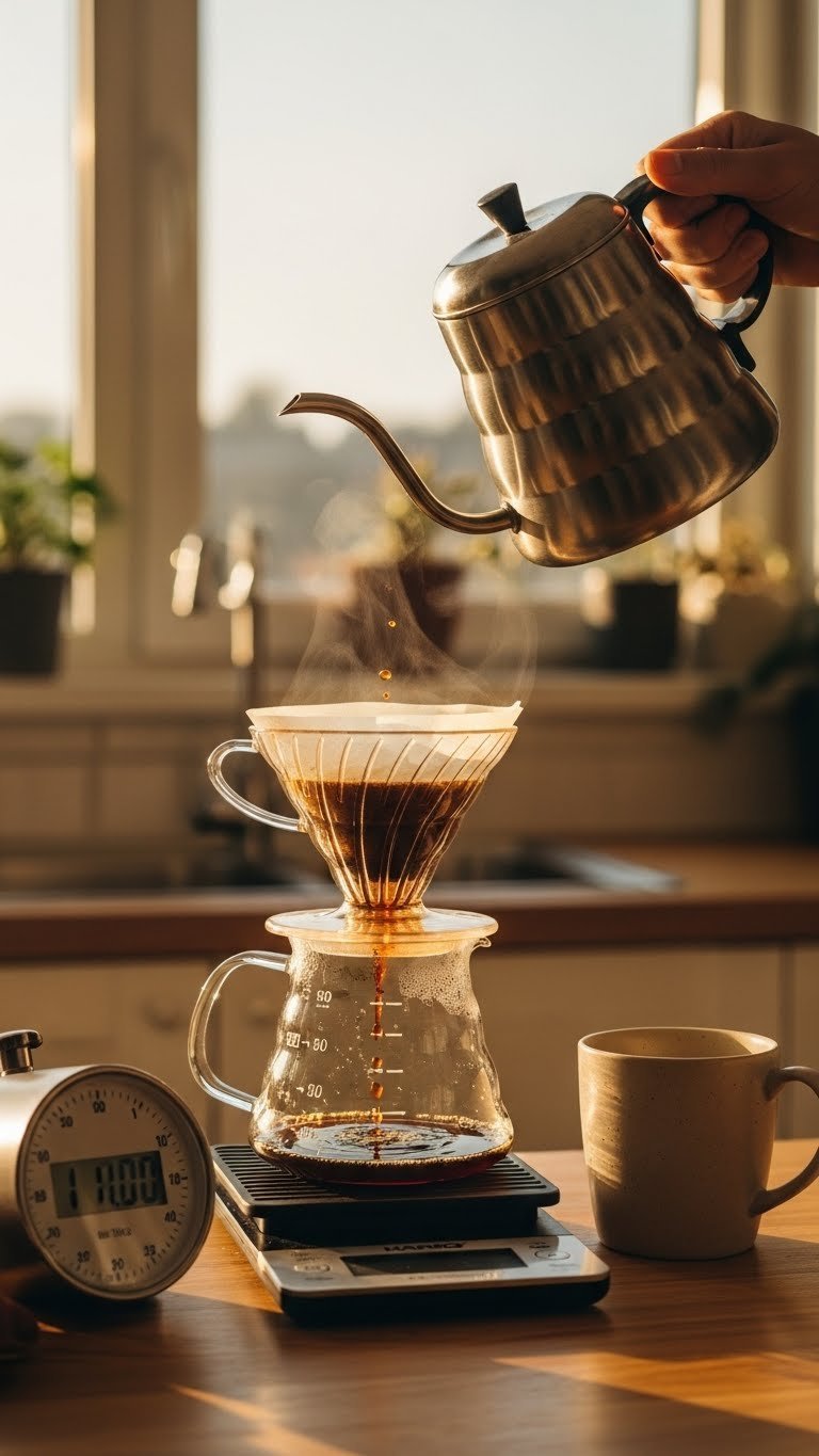 Final drops of brewed coffee falling from V60 dripper into server with flat coffee bed visible in filter