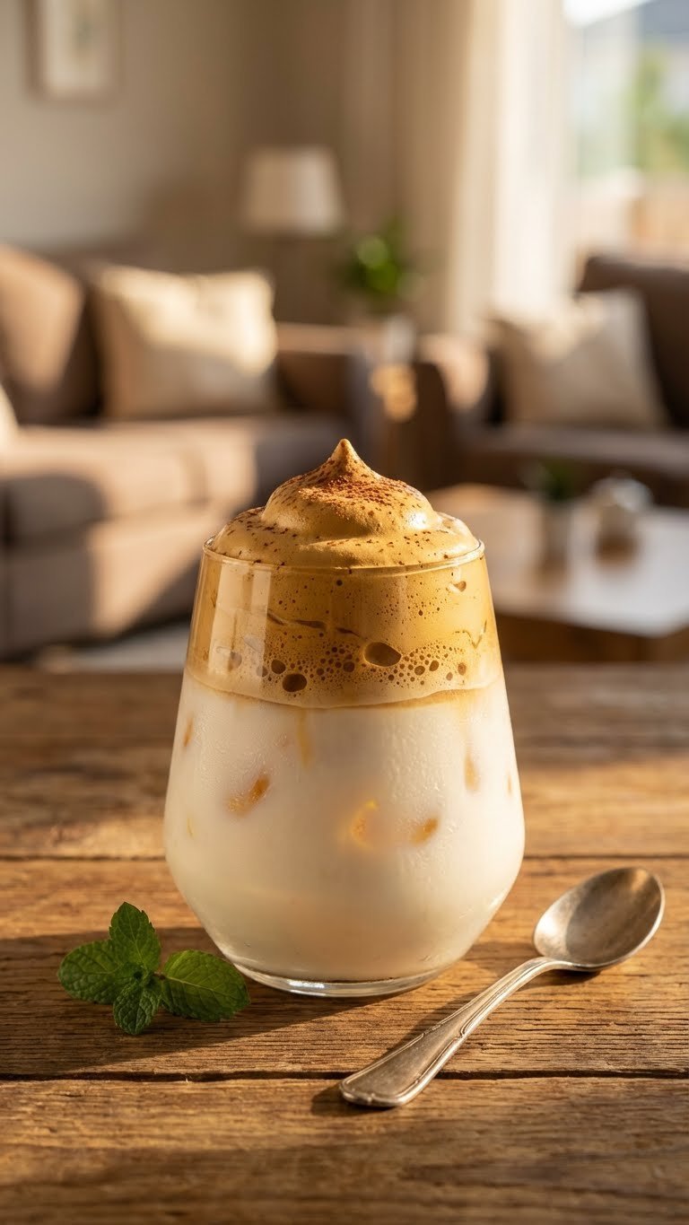 Dalgona Whipped Coffee: Make The Perfect 3-Ingredient Recipe 5 Finished Dalgona whipped coffee drink in clear glass with layered milk and frothy foam topped with cocoa powder.