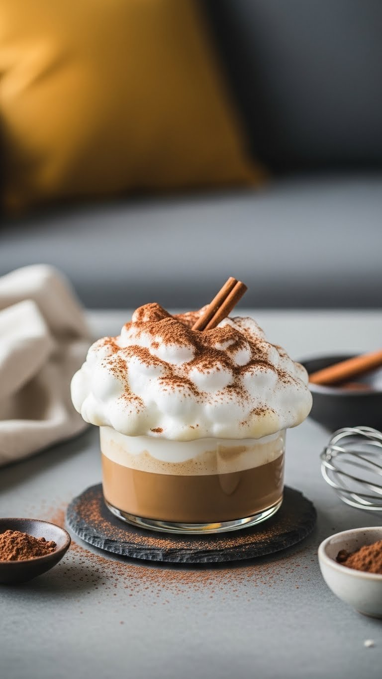 Finished cloud coffee drink with cocoa powder dusting and cinnamon stick garnish on fluffy foam