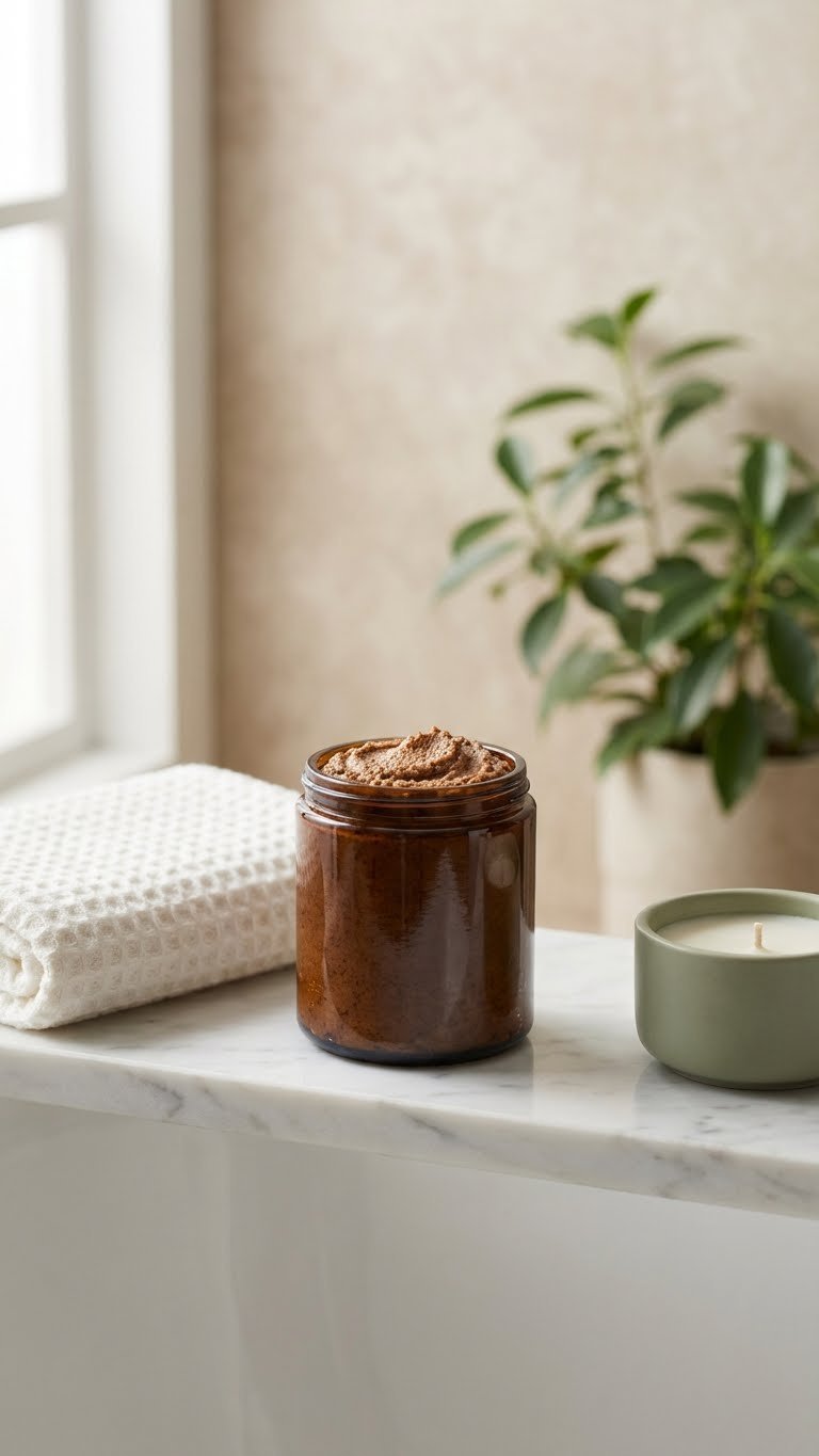 Whipped Coffee Body Scrub Complete Beginner Recipe Guide 13 Finished coffee body scrub stored in amber glass jar on marble bathroom shelf with spa decor