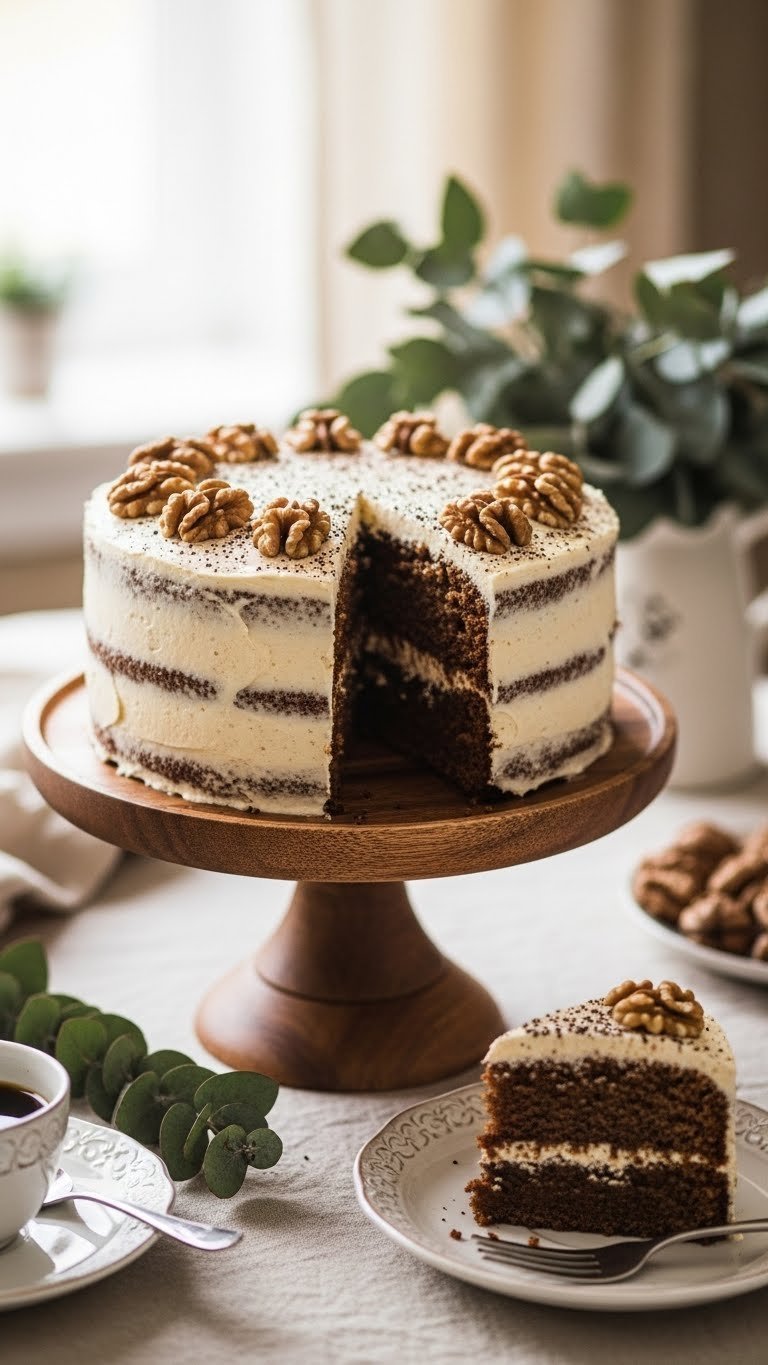 Finished frosted keto coffee walnut cake on wooden stand with walnut halves, coffee powder dusting, and slice showing moist interior