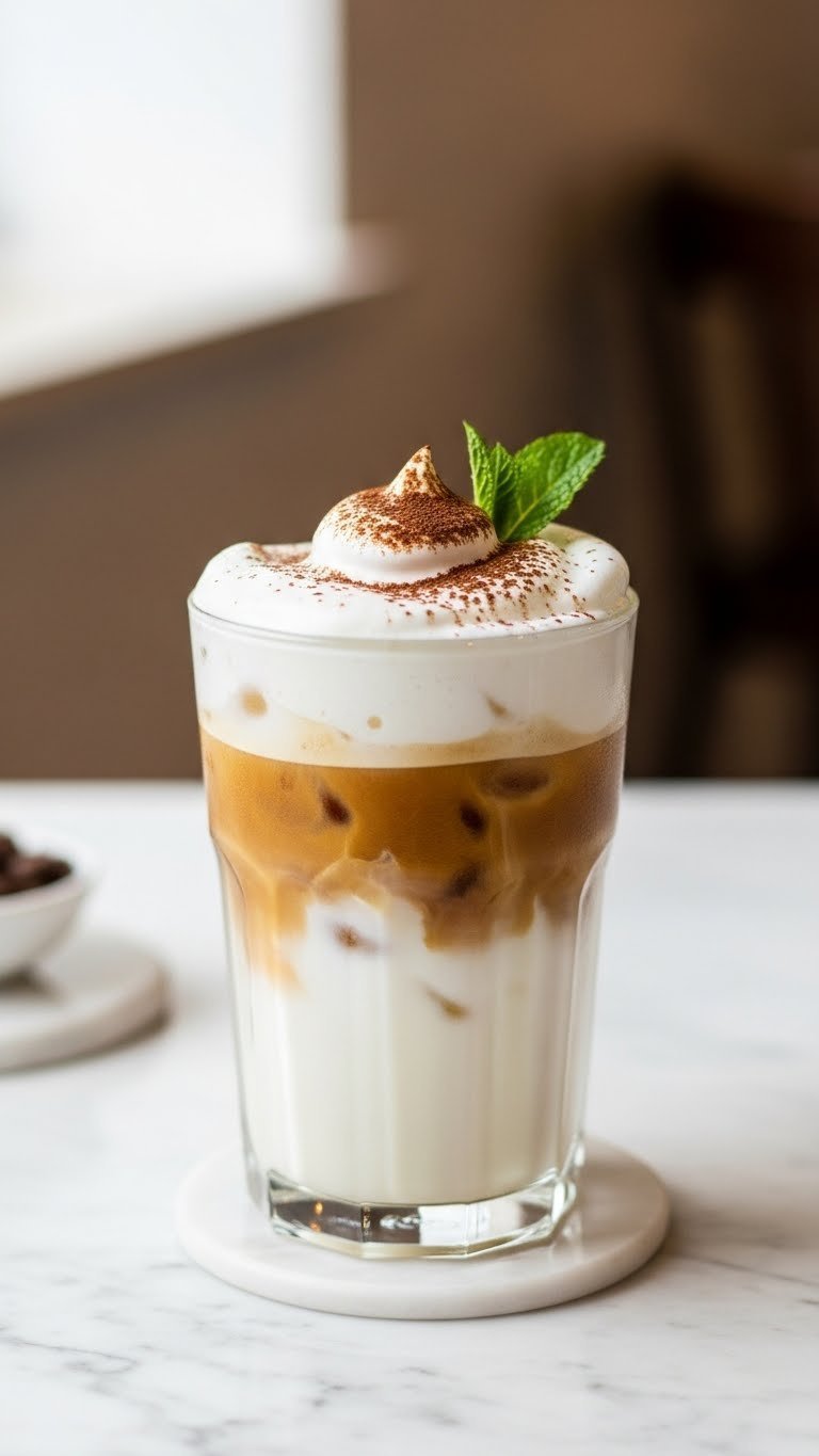 Finished iced Dalgona coffee with fluffy foam layered over milk, garnished with cocoa powder and mint leaf
