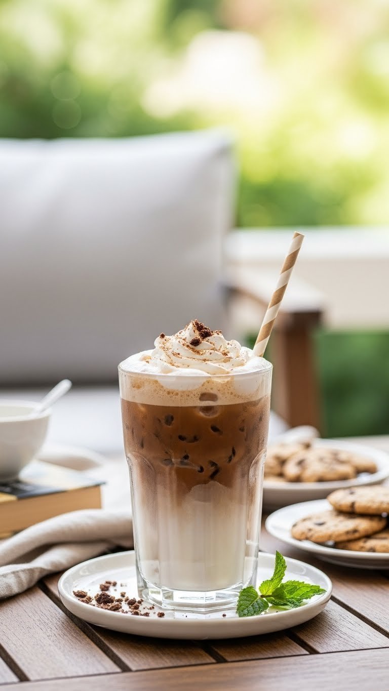 Finished iced mocha in stylish glass with straw on rustic wooden table in outdoor patio setting