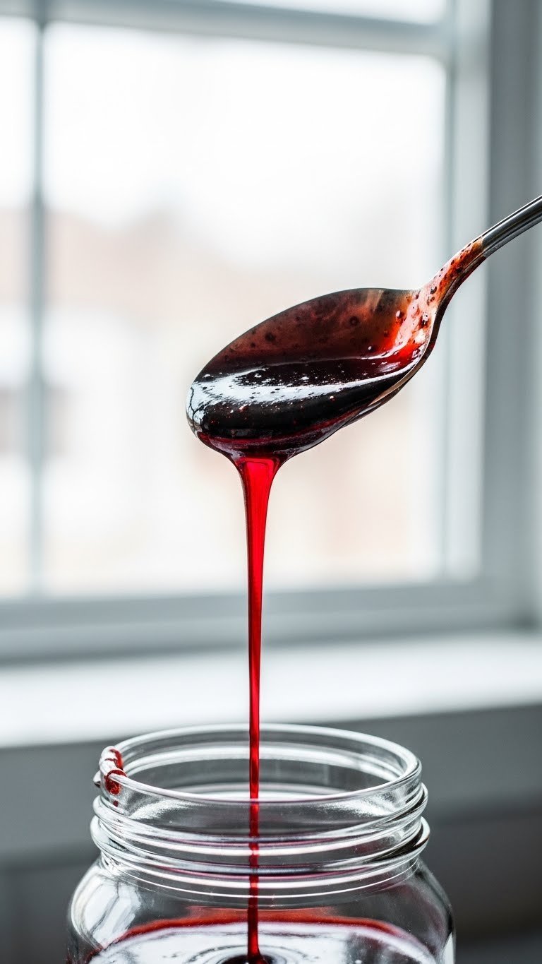 Finished red velvet coffee syrup pouring from silver spoon into clear glass jar with glossy thick texture visible