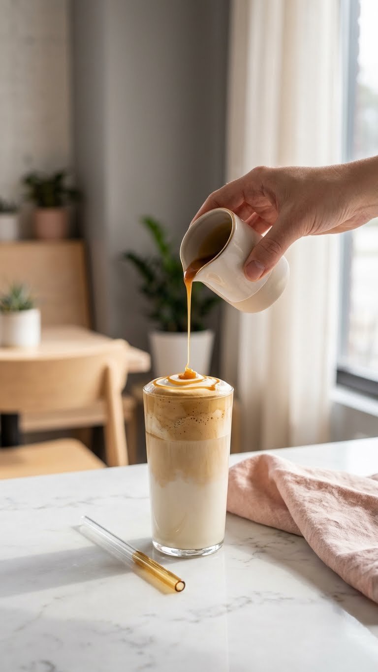 Finished vanilla whipped coffee being garnished with caramel sauce drizzle on marble countertop in cafe setting