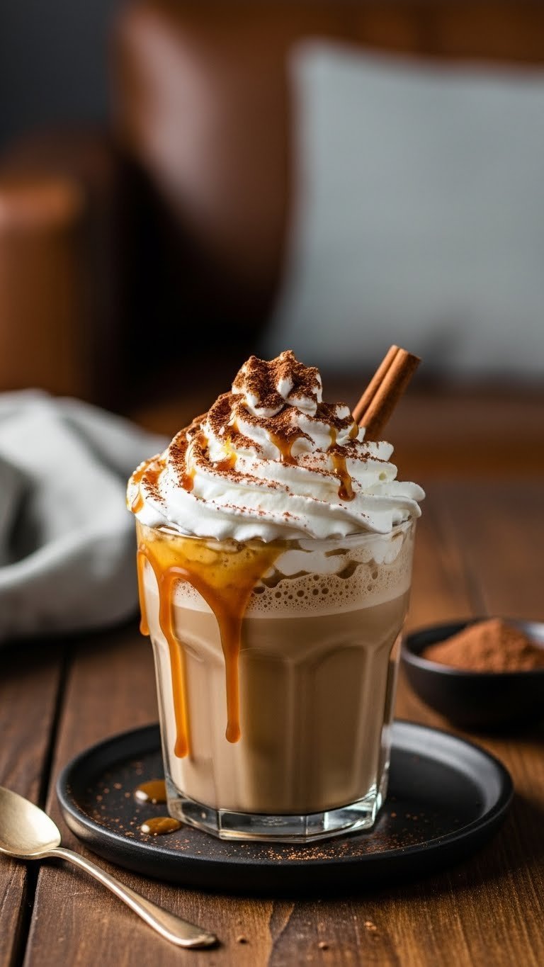 Vegan Whipped Coffee Recipe for Fluffy Dairy Free Perfection 13 Finished vegan whipped coffee glass topped with cocoa powder, cinnamon stick, and caramel drizzle
