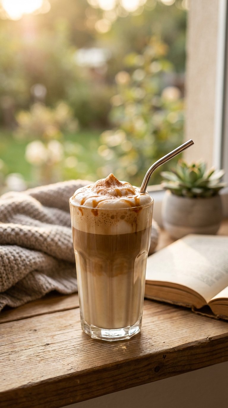 Whipped Coffee Caramel: Ultimate Recipe for Perfect Foam 11 Finished whipped coffee caramel drink ready to enjoy on a cozy windowsill during golden hour.
