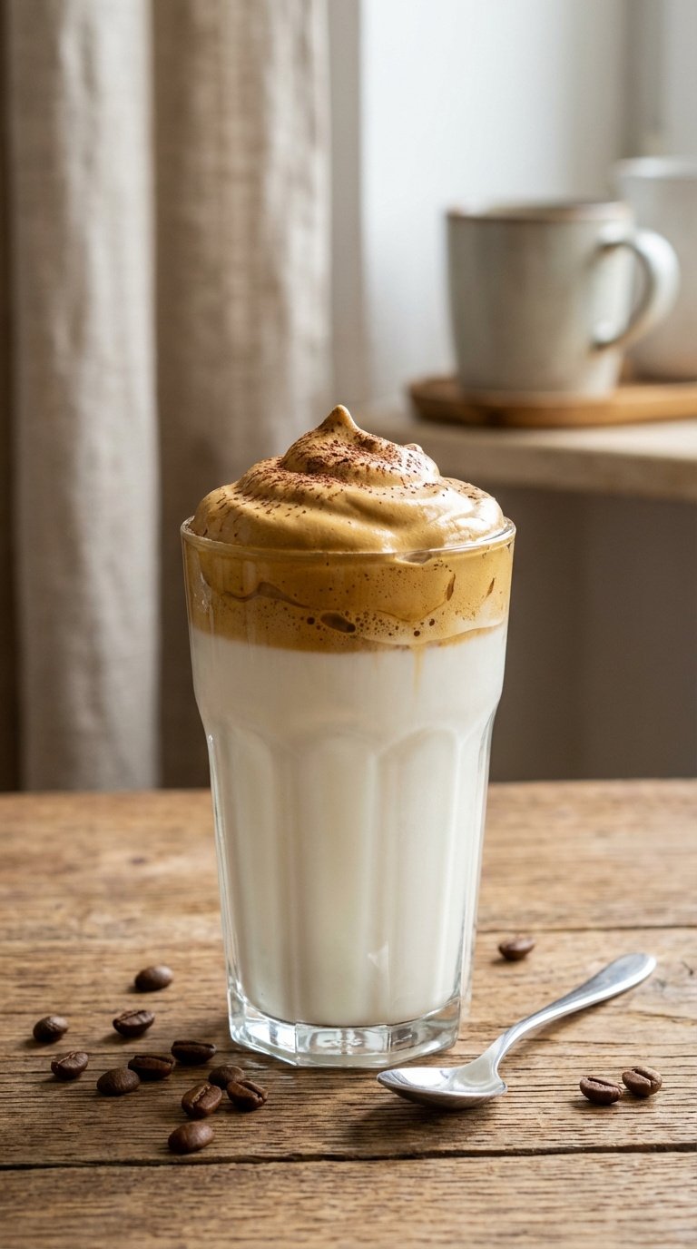 Easy 3-Ingredient Whipped Coffee With a Milk Frother 5 Finished whipped coffee drink in tall glass with cold milk topped with frothy golden-brown foam and cocoa powder garnish