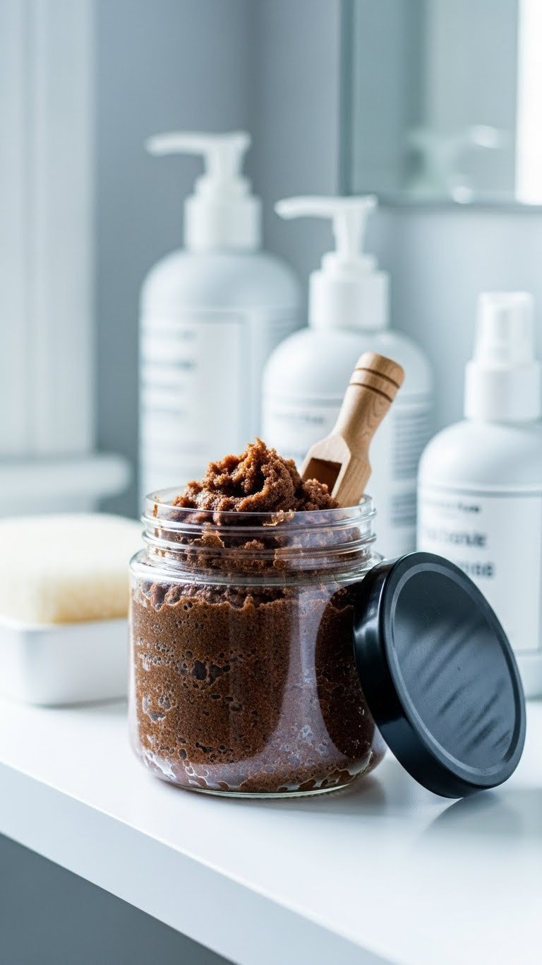 Whipped Coffee Sugar Scrub Recipe for Fluffy Luxurious Skin 13 Finished whipped coffee scrub in sealed glass jar with black lid and wooden scoop on white bathroom shelf.