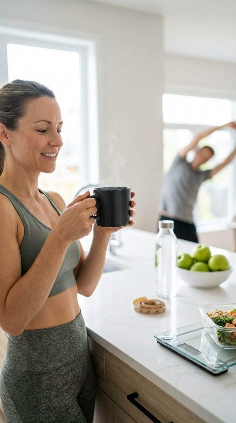 Fit person enjoying black coffee before workout in modern kitchen with subtle weight management cues